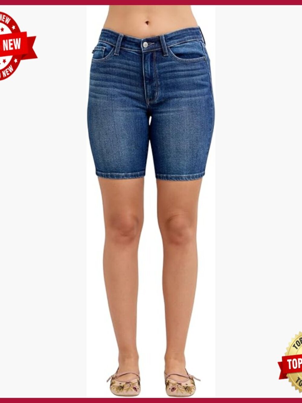 Mid Rise Dark Wash Bermuda Shorts 8 Inseam Stretch Denim